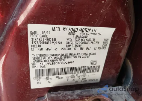 2015 Ford F-250 Lariat z USA, uszkodzony, nr VIN 1FT7W2B67FED03685